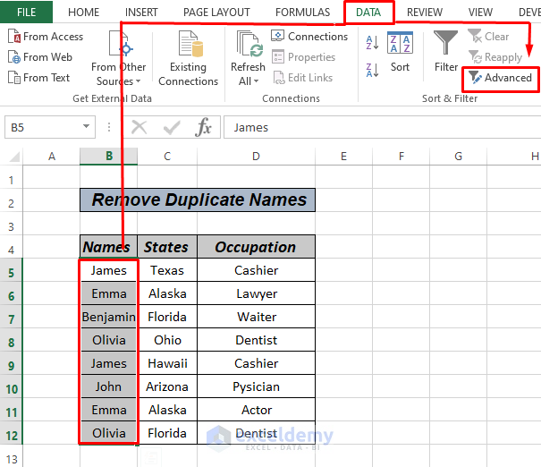 How to remove duplicate names usng advance filter