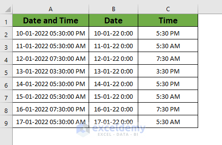 Separate Date and Time from a Single Cell by Using the VBA Int Function in Excel