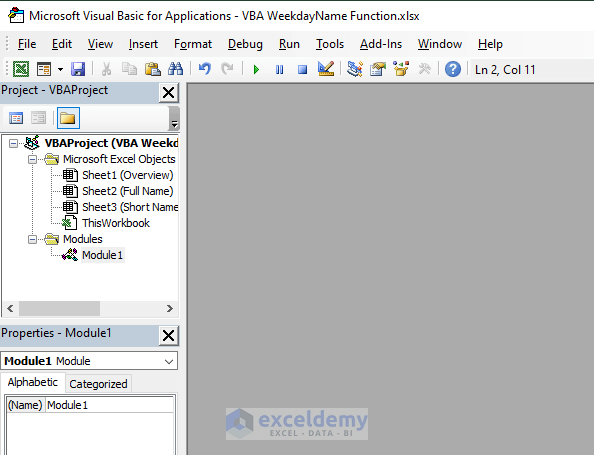 Find Out the Full Name Format of a Day by Using the VBA WeekdayName Function 