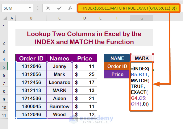Lookup Two Columns in Excel by the INDEX and MATCH the Function
