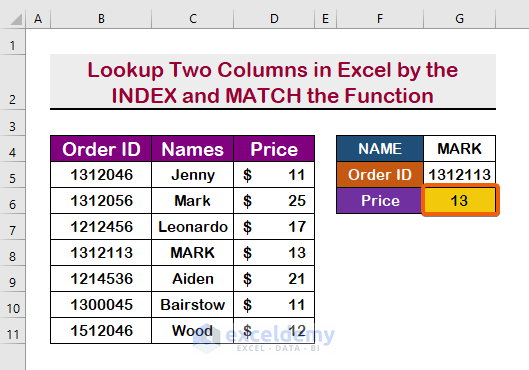 Lookup Two Columns in Excel by the INDEX and MATCH the Function