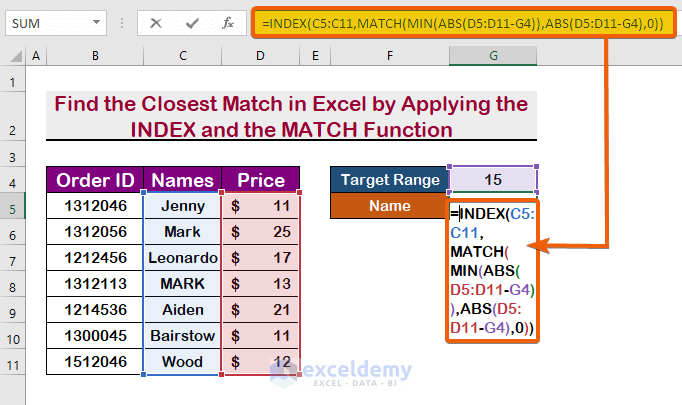 Find the Closest Match in Excel by Applying the INDEX and the MATCH Function