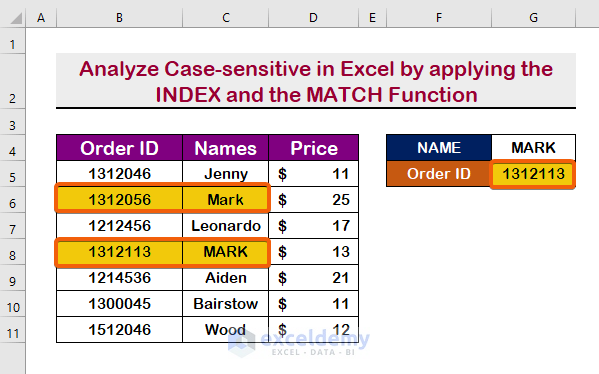 Analyze Case-sensitive in Excel by applying the INDEX and the MATCH Function