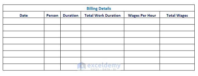 Billing Details of the Format in Excel