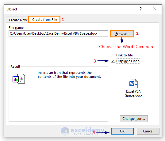 Apply 'Object' Option to Embed Word document in Excel