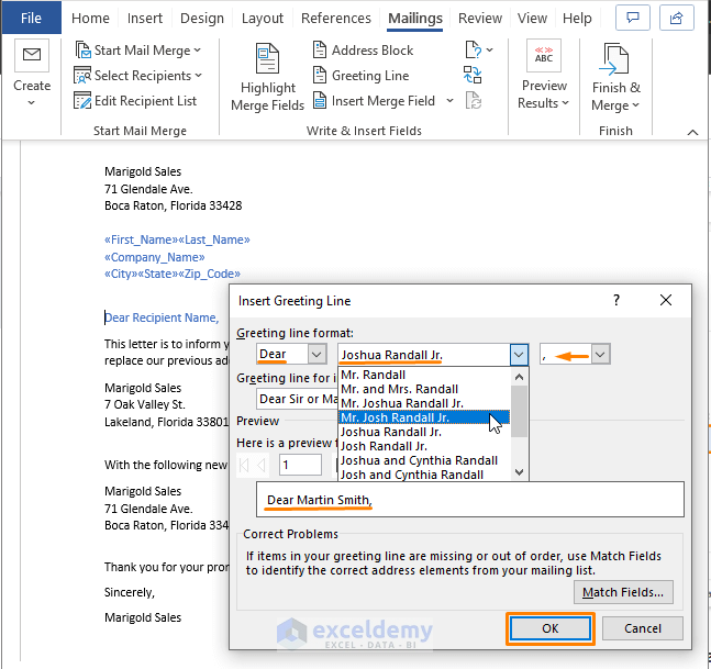 Insert Greeting Line window-Creating a Mailing List in Excel