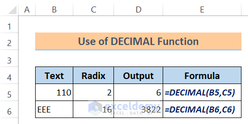 Excel Math and Trig Functions: Use of DECIMAL Function