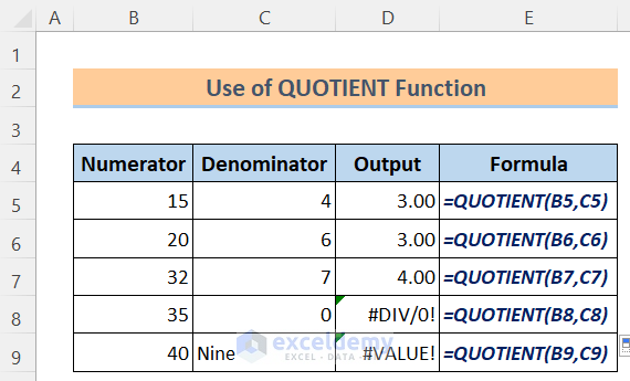 Excel Math and Trig Functions: Use of QUOTIENT Function