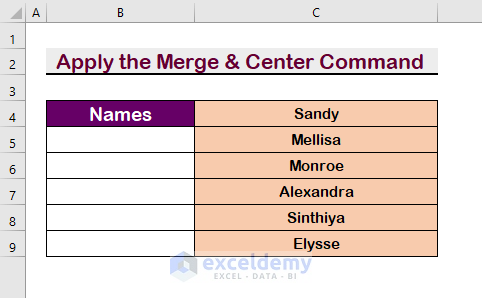 Apply the Merge & Center Command to Merge Cells in Excel Table