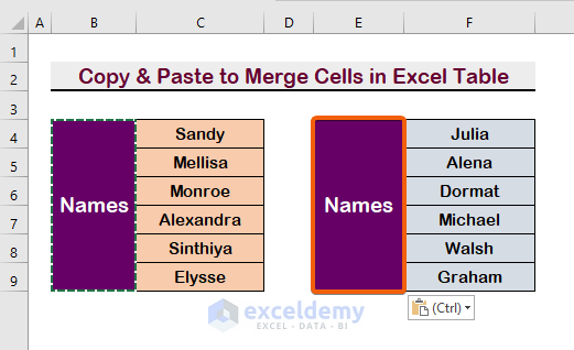Apply the Copy & Paste Option to Merge Cells in Excel Table