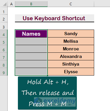 Use Keyboard Shortcut to Merge Cells in Excel Table