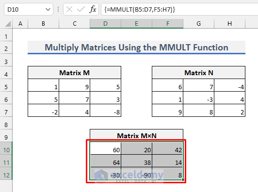 matrices multiplied using the MMULT function in excel