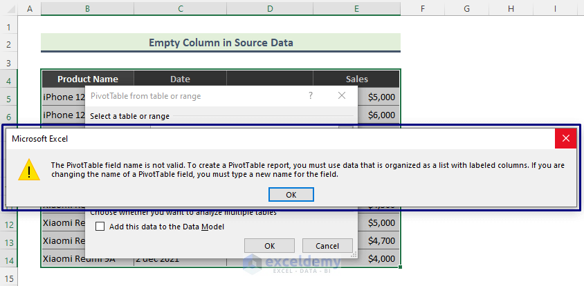 Pivot Table is Not Showing Data If Source Data has Empty Column