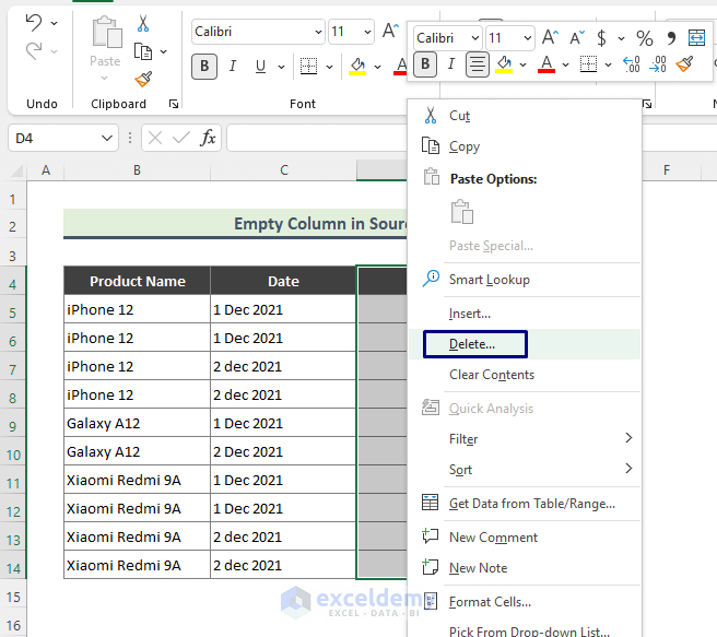 Pivot Table is Not Showing Data If Source Data has Empty Column