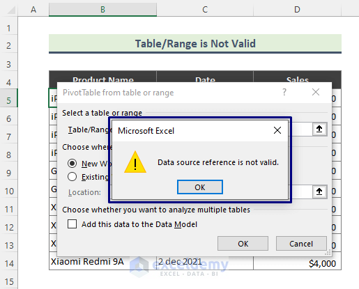 Excel Pivot Table is Not Gathering Data If Table/Range is Not Valid