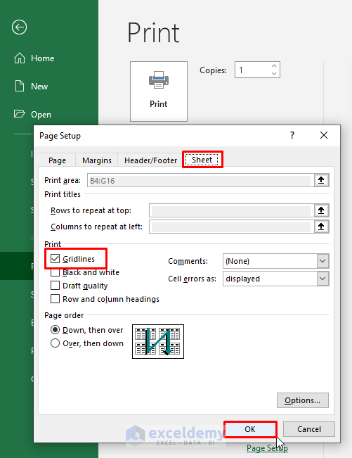 Insert Gridlines on Worksheet From Print Option in Excel