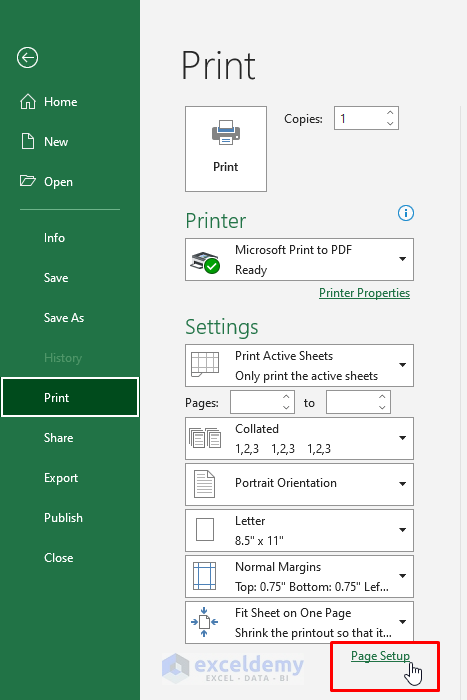 click on the Page Setup option written in green color