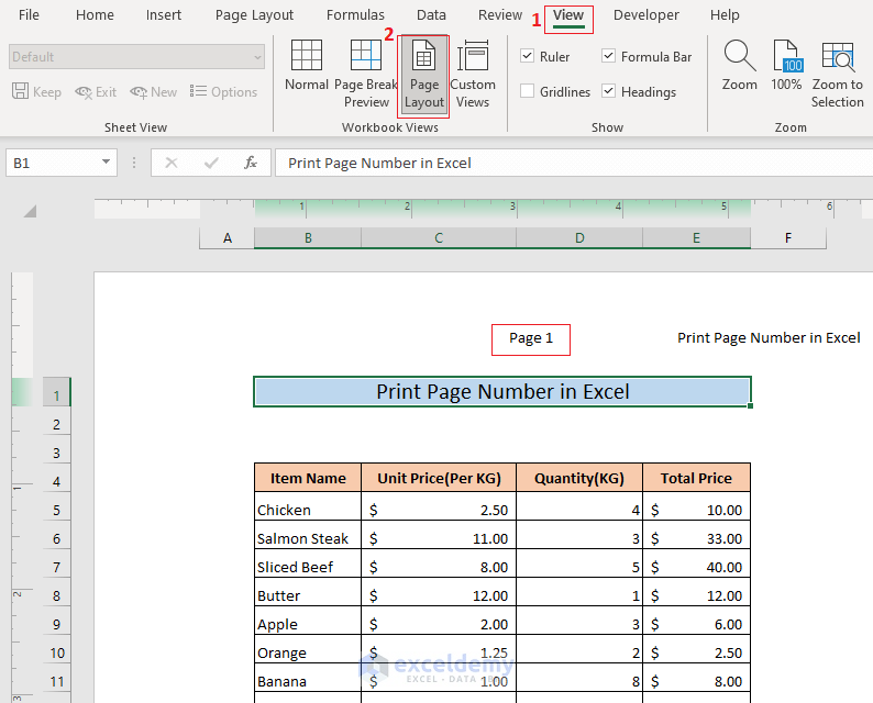 print page number in excel
