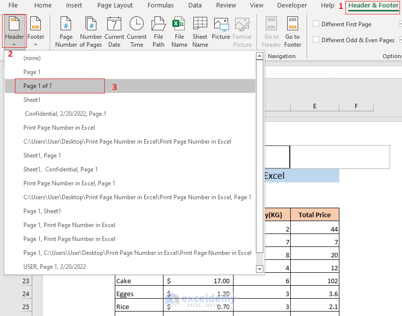 print page number in excel