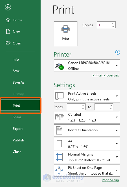 Choose Printing Area by Print Preview in Excel