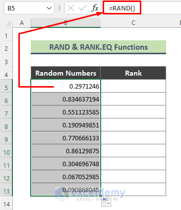 Use RANK.EQ and RAND Functions as Unique Number Generator Between a Range