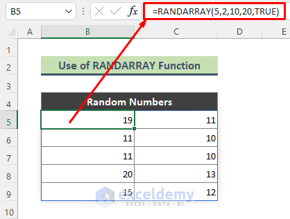Insert RANDARRAY Function as Random Number Generator in Excel