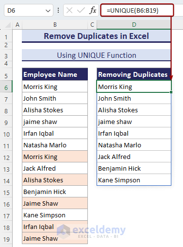 Using the UNIQUE function to remove duplicates in Excel