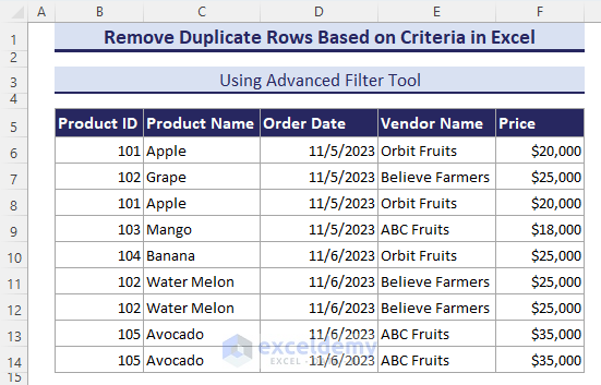Sample data for removing duplicates based on criteria in Excel