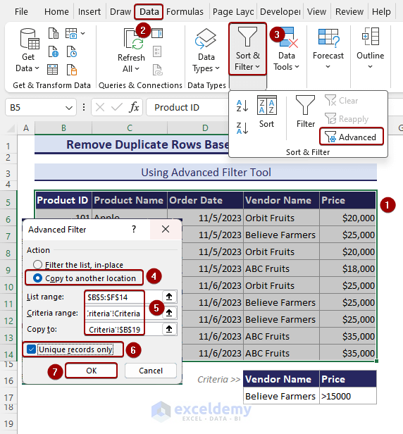 Selecting Advanced Filter tool to apply criteria