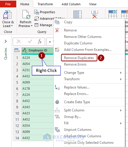 Selecting Remove Duplicates from Power Query editor