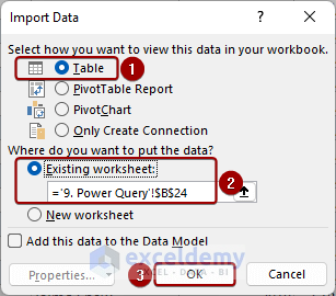 Import Data dialog box to import data into a table format in the existing worksheet