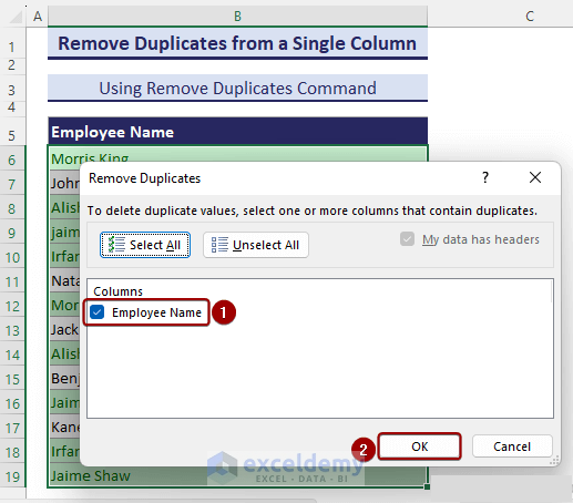 Checking Employee Name from the Remove Duplicates dialog box.