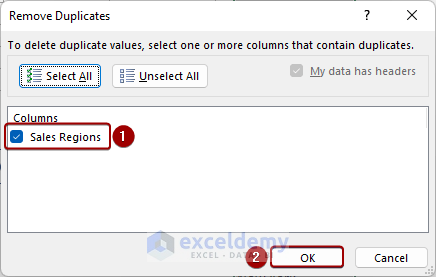 Checking Sales Regions option from Remove Duplicates dialog box.