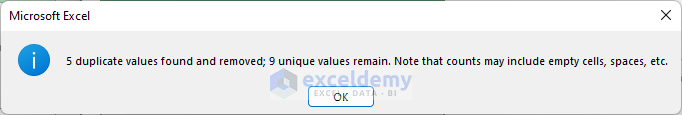 pop-up dialog box will be visible saying 5 duplicate values found and removed.