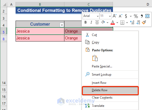 Conditional Formatting to Remove Duplicates in Excel Sheet