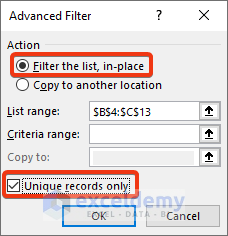 Apply Excel Advanced Filters to Withdraw Duplicates