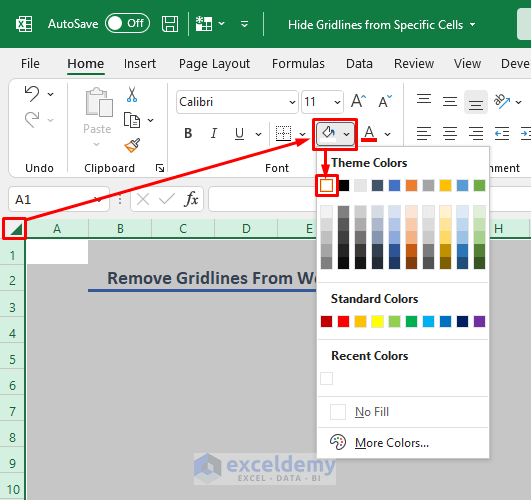 Remove Gridlines from an Entire Worksheet by Changing the Background Color to White