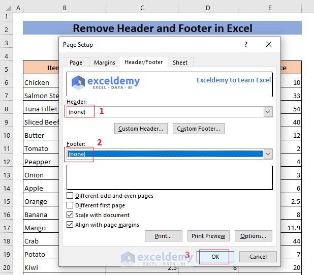 remove header and footer in Excel
