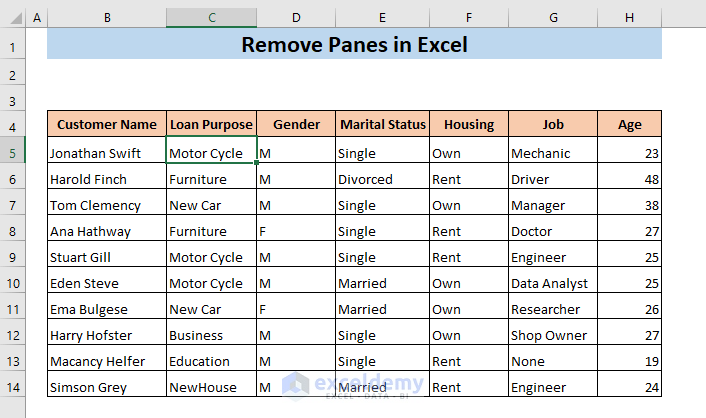 remove panes in Excel