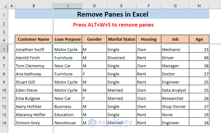 remove panes in Excel