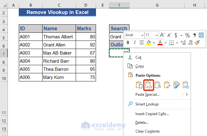 Use Context Menu to Withdraw Vlookup Formula