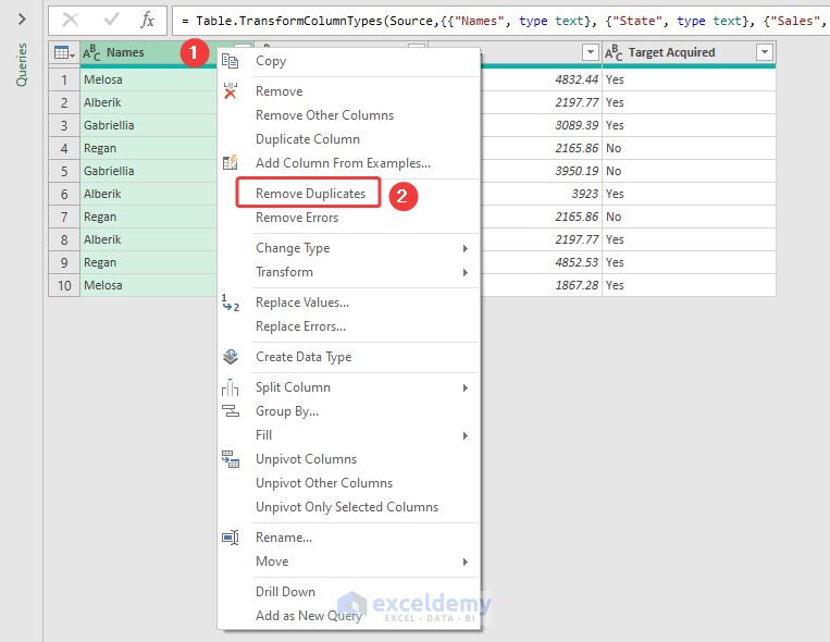 Removing Duplicate Names using Context Menu in Power Query Editor