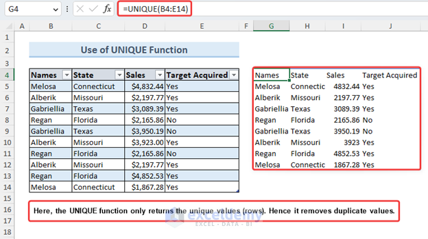 Removing duplicate items by UNIQUE function