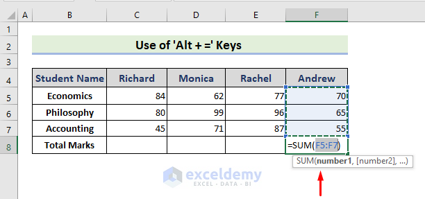 Applying Keyboard Shortcut ‘Alt + =’ to Sum in Excel