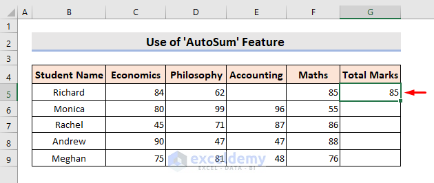Limitations of Excel AutoSum Shortcut in Row