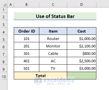 Total of a Column in Excel Status Bar