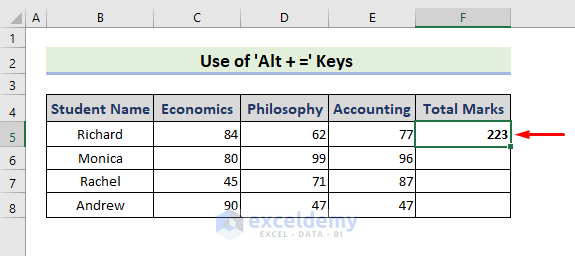 Applying Keyboard Shortcut ‘Alt + =’ to Sum in Excel