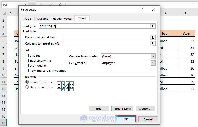 set print area in excel