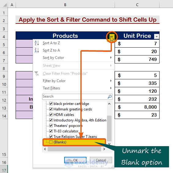 Apply the Sort & Filter Command to Shift Cells Up in Excel