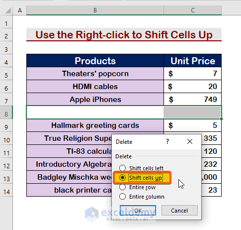 Use the Right-click to Shift Cells Up in Excel